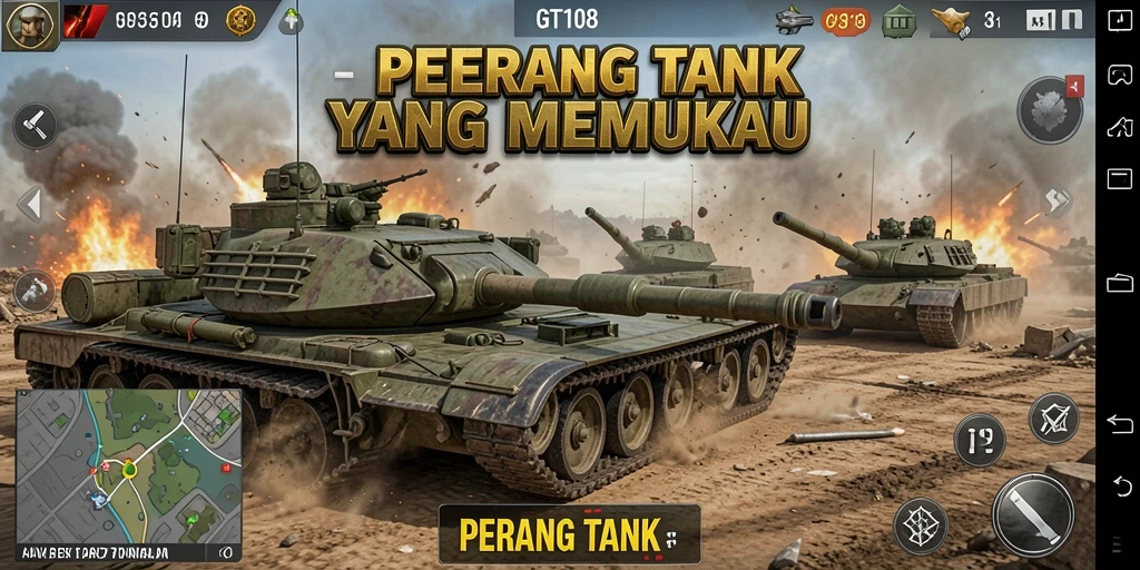 Antarmuka GT108 menampilkan tank modern dalam pertempuran strategis.