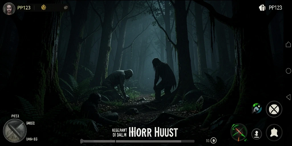 Tampilan antarmuka PP123 saat menjelajahi hutan misterius yang menegangkan.
